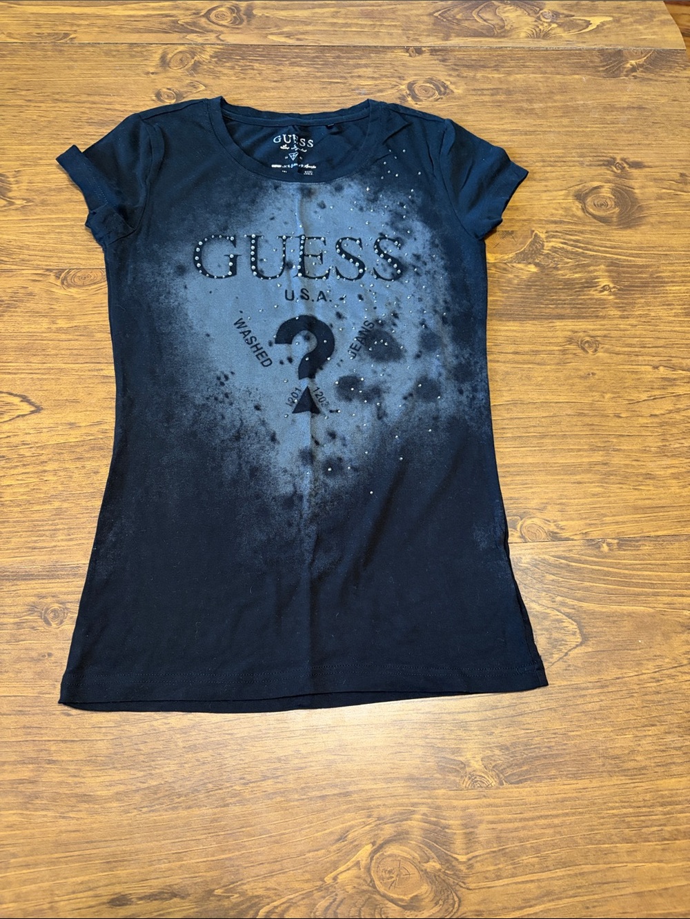 GUESS Black Washed Logo Studded Short Sleeve Tee